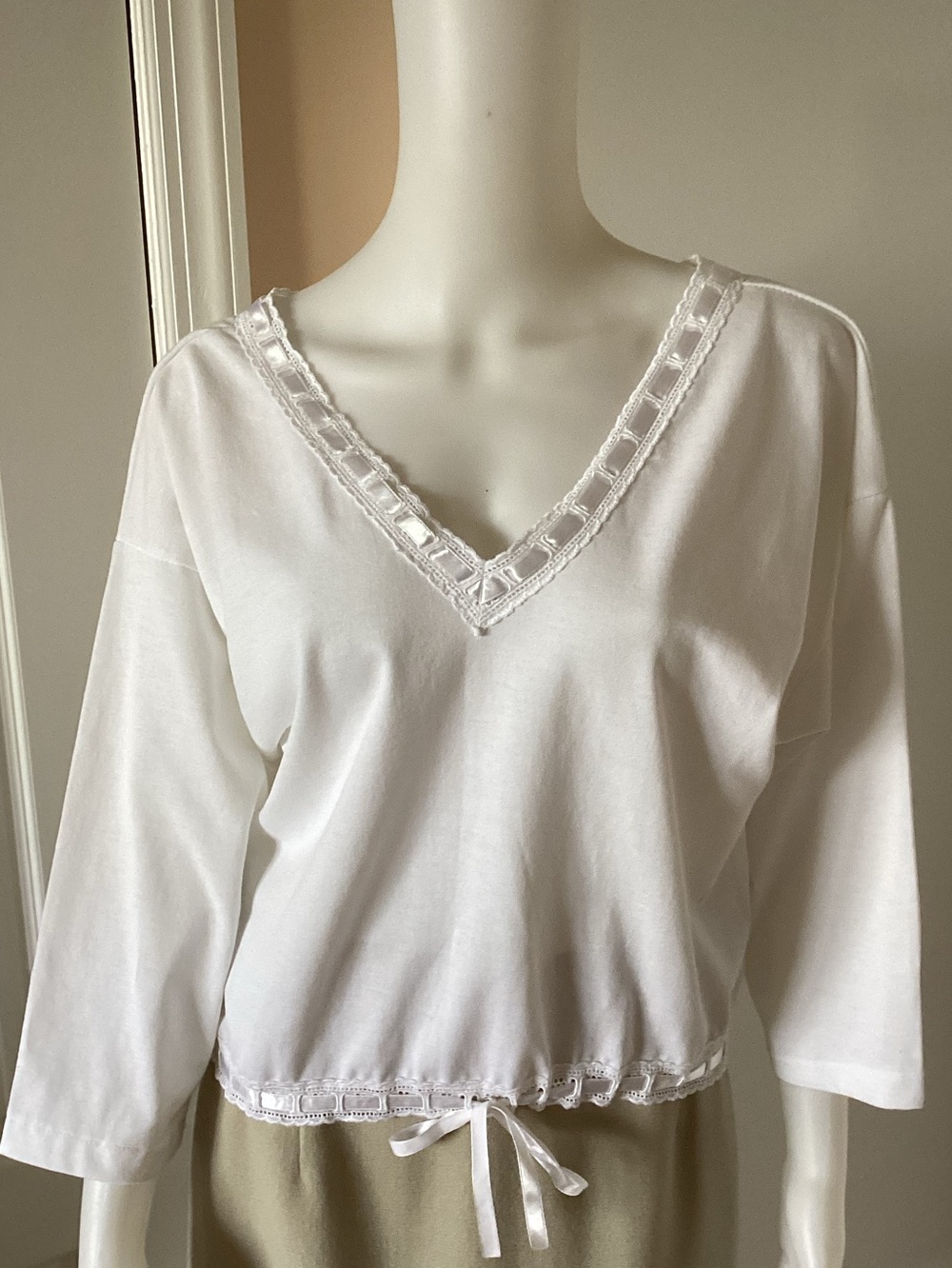 White V-Neck Lace Trim Drawstring Top - Women